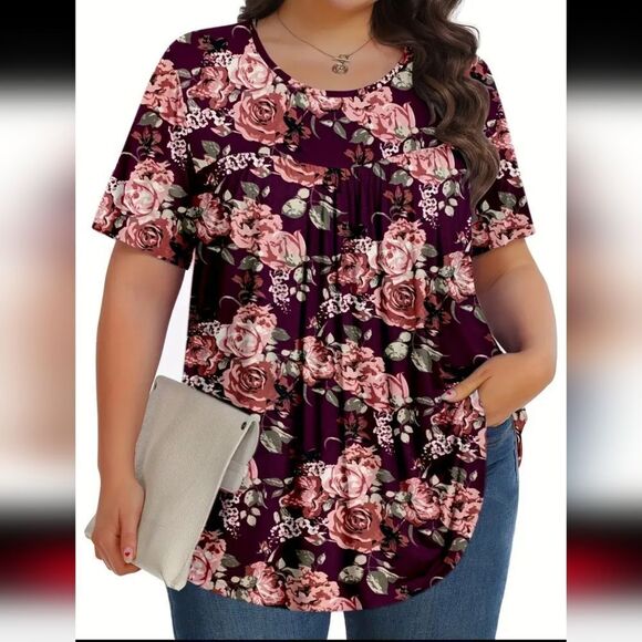 Tops - Pretty Crew Neck Floral Print Ruched Top Sz 20